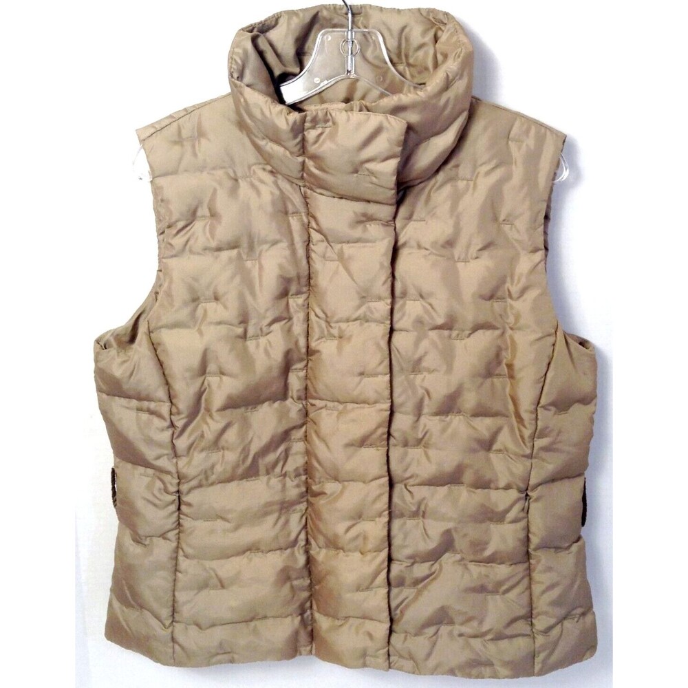 Talbots Vest Wn L Petite Taupe Satin Down Puffer Quilted Zip Preppy Academia